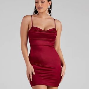 Windsor Sleek Vibes Satin Mini Dress in Red. Slim fitting with Cowl Neckline